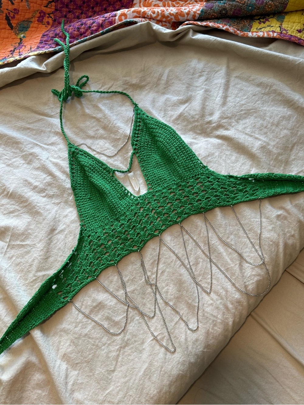 Earthbound Trading  REAL Crystal Crochet green Top with Silver Chain Fringe